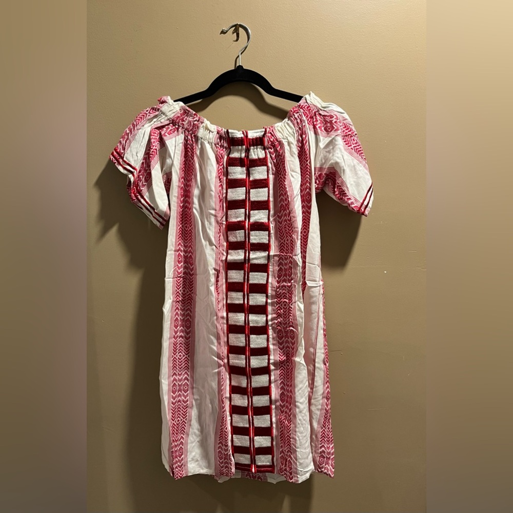 Brand new Bindu off-the-shoulder summer dress with red stitching design.